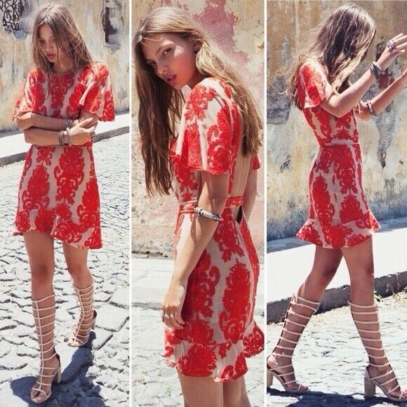 For Love & Lemons San Marcos Coquette fFloral Lace Mini Dress in Red Orange Sz S - Picture 1 of 16